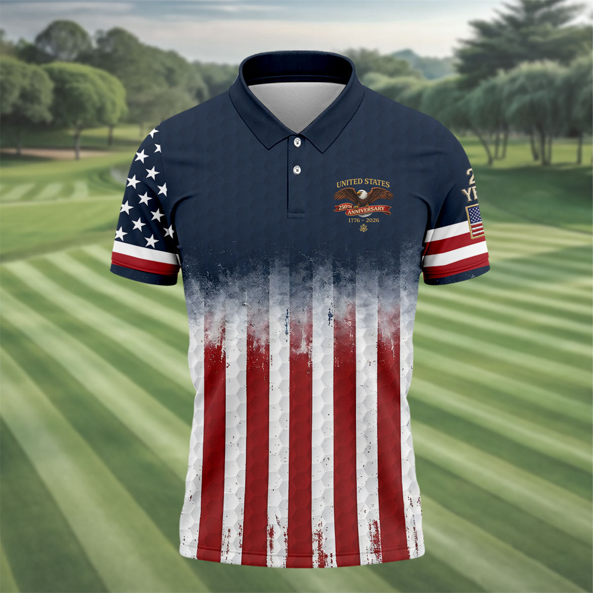 United States 250th Anniversary Distressed Flag Golf Tops For Men, Golf Ball Pattern Golf Shirts For Men