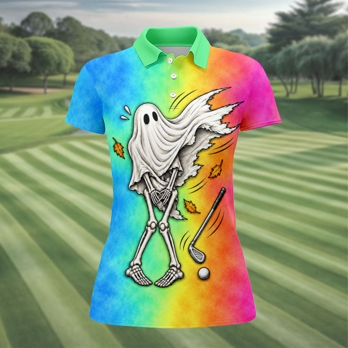Windy Skeleton Ghost Golf Polo Shirt, Women's Halloween Shirt, Ladies Golf Shirts