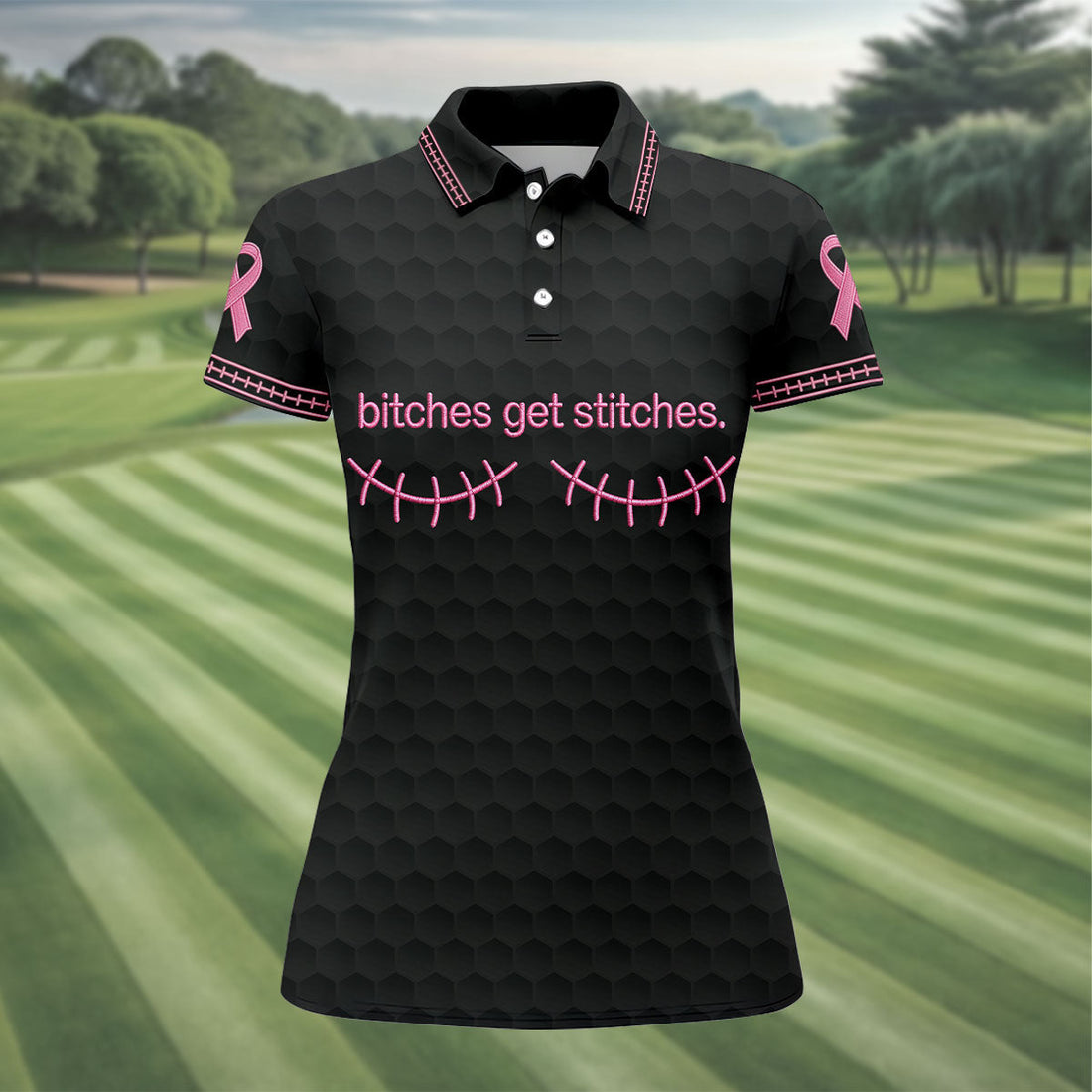 Bitches Get Stitches Breast Cancer Polo Shirt, Ladies Golf Shirt, Women's Golf Tops