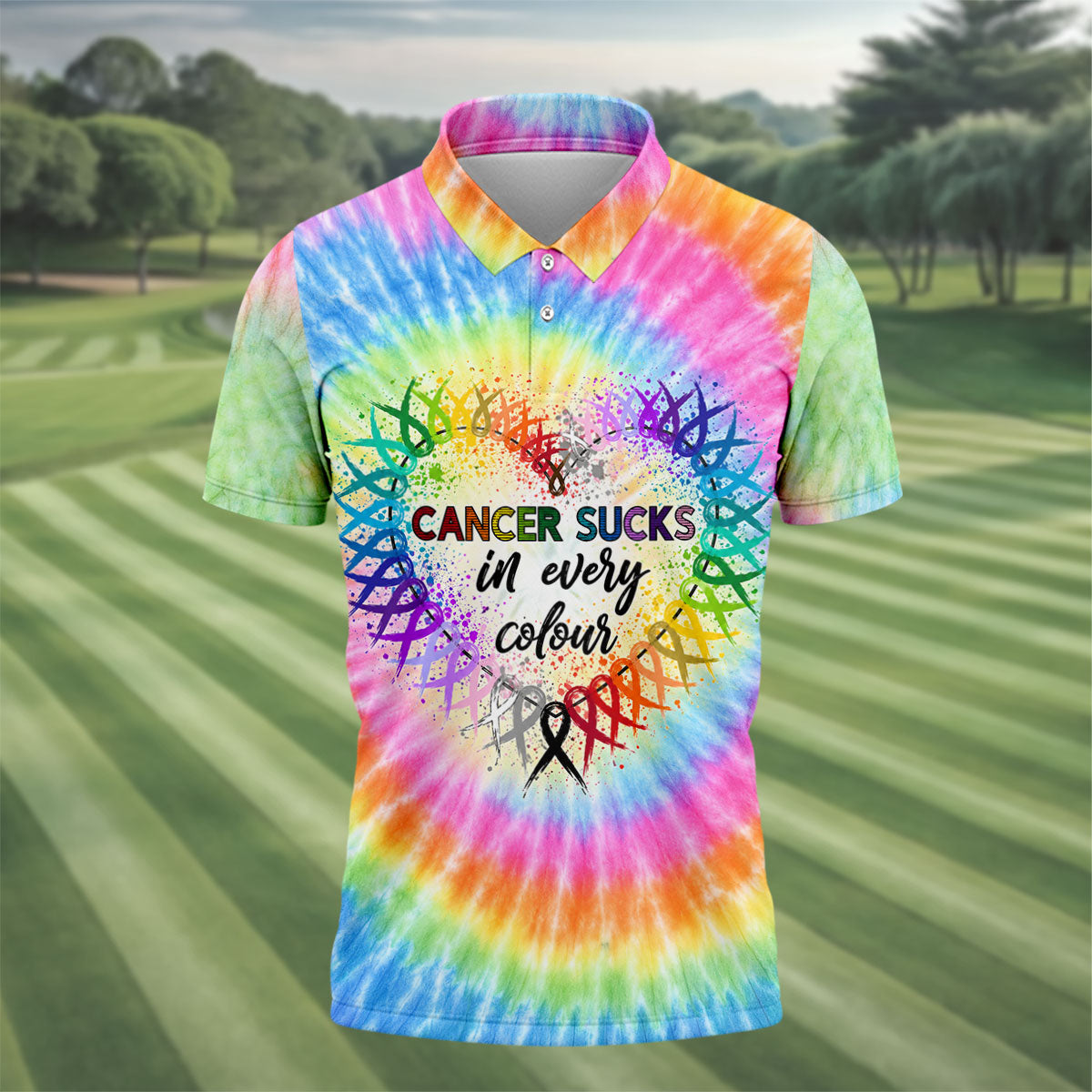 Cancer Sucks In Every Colour Tie Dye Ribbon Polo Shirt, Men's Golf Shirt, Mens Golf Polo