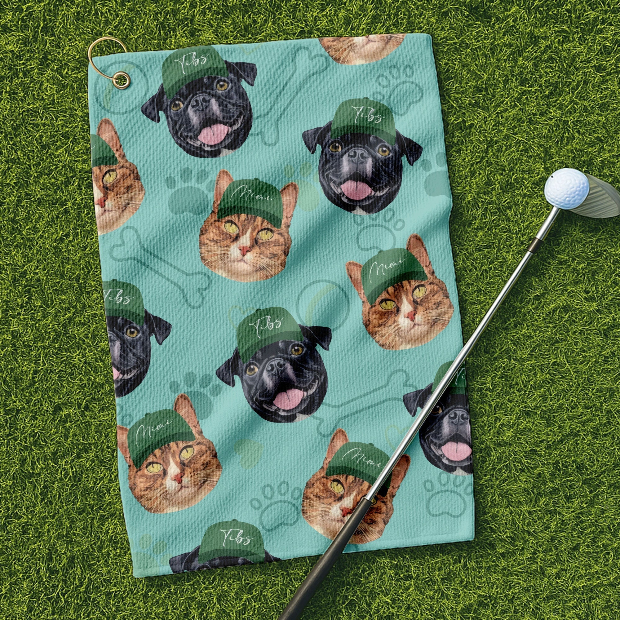 Pet Dog and Cat Face Golf Towel with Green Caps, Funny Golf Towel, Golf Accessories Gift