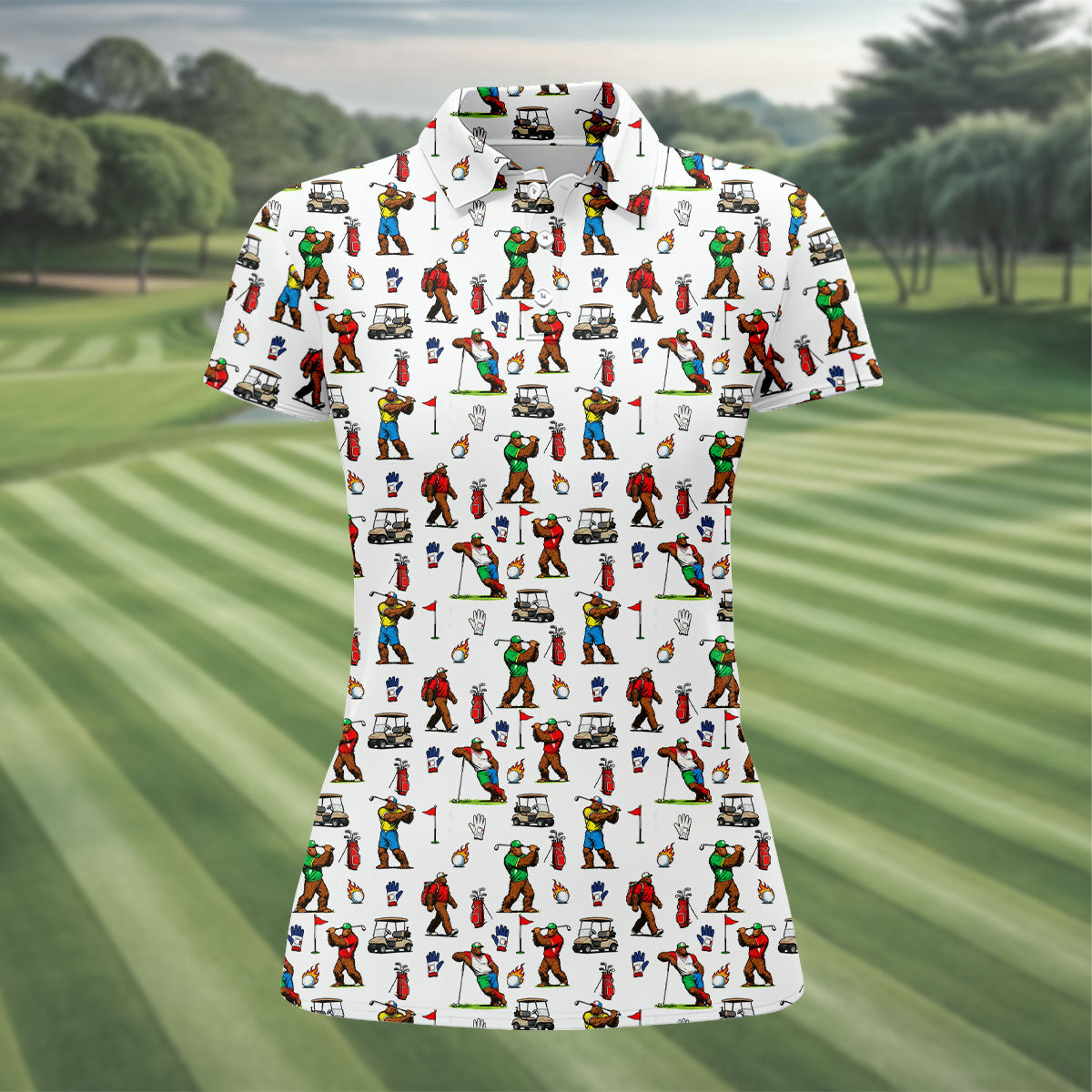 Bigfoot Golfer Pattern Women's Golf Tops, Golf Shirts For Women, Performance Golf Shirt