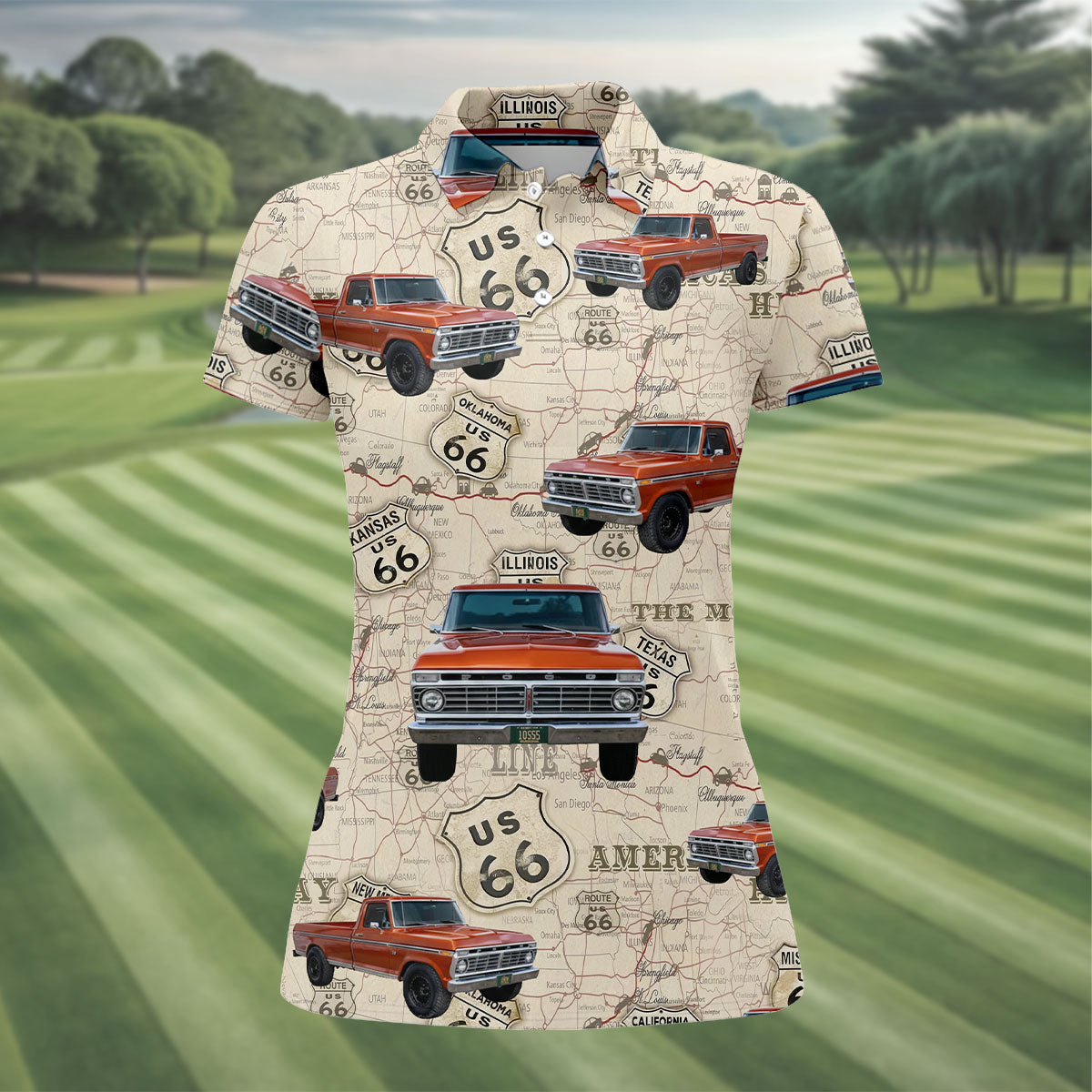Custom Photo Truck Golf Shirt, Vintage Pickup Route 66 Map Pattern, Golf Shirt For Women