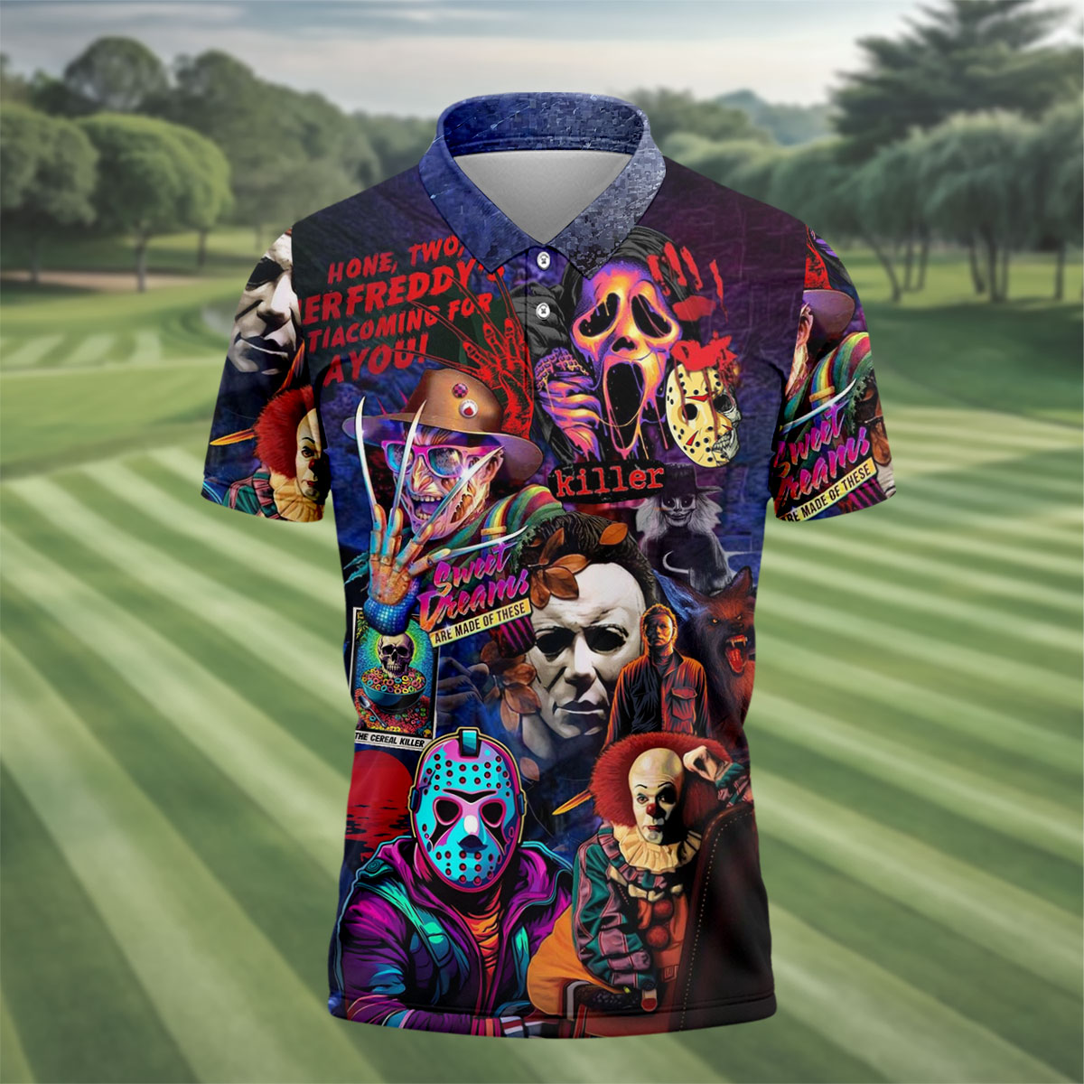 Vintage Horror Character Movie Villain Collage Golf Polo Shirt, Mens Golf Polo, Hawaiian Golf Shirt