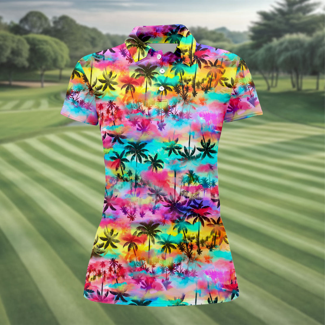 Watercolor Tropical Palm Golf Shirt, Colorful Sunset Hawaiian Polo, Polo Shirts For Women