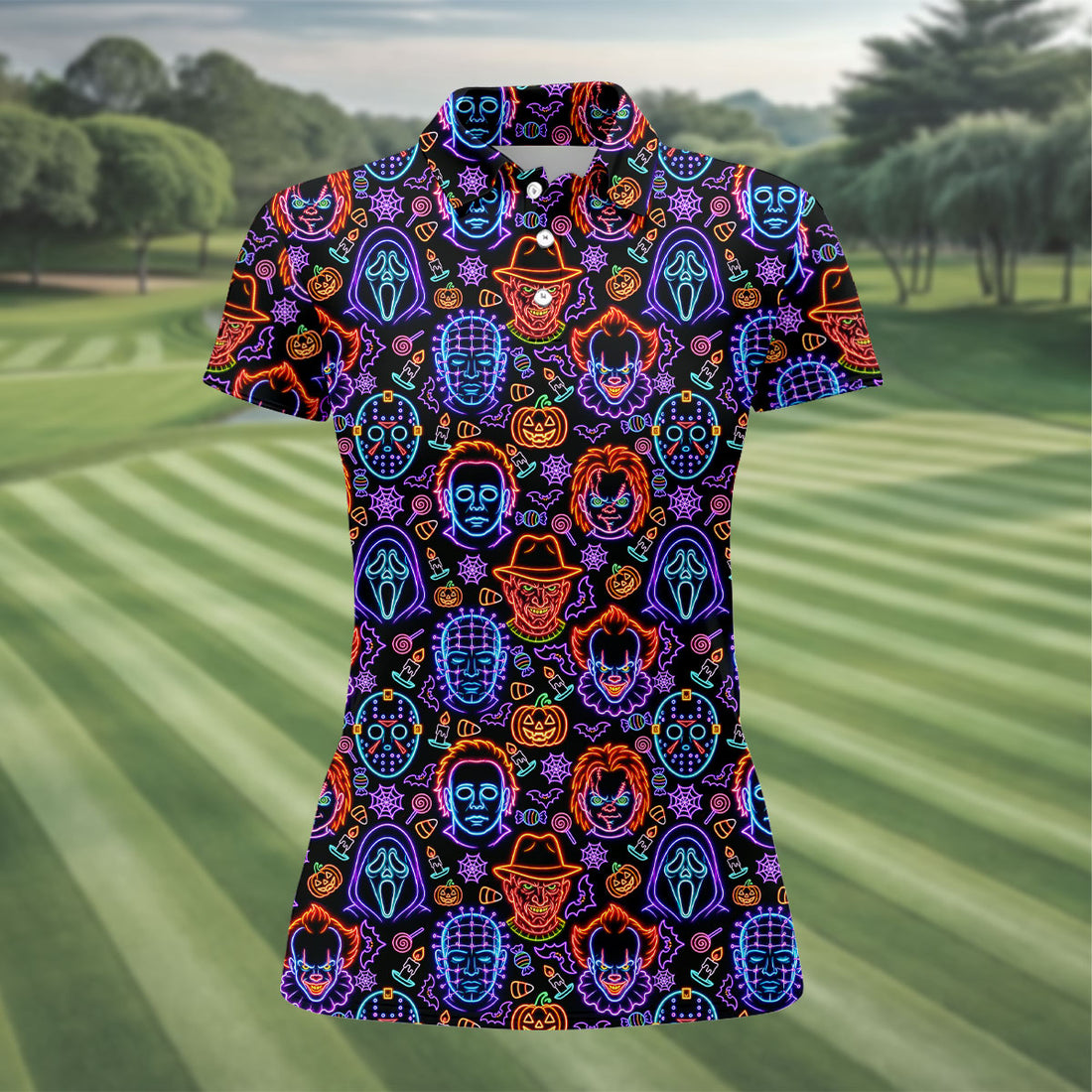 Neon Horror Character Movie Villain Pattern Golf Polo Shirt, Women's Golf Polo, Ladies Golf Shirts