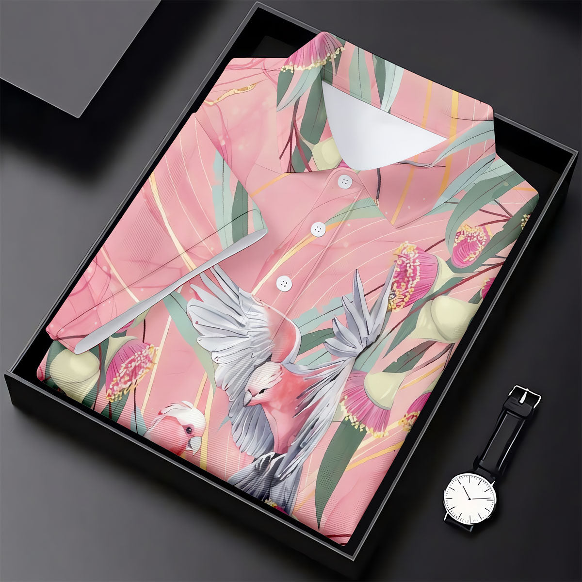 Pink Cockatoo Eucalyptus Floral Polo Shirt, Hawaiian Golf Shirt, Golf Tops For Women