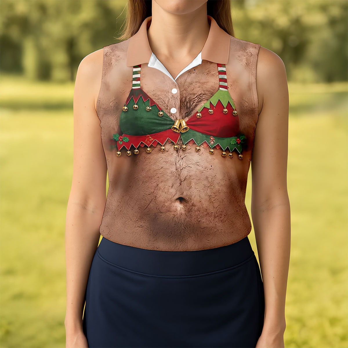 Funny Elf Bra Bells Christmas Golf Shirt, Women’s Golf Polo, Golf Tops For Women