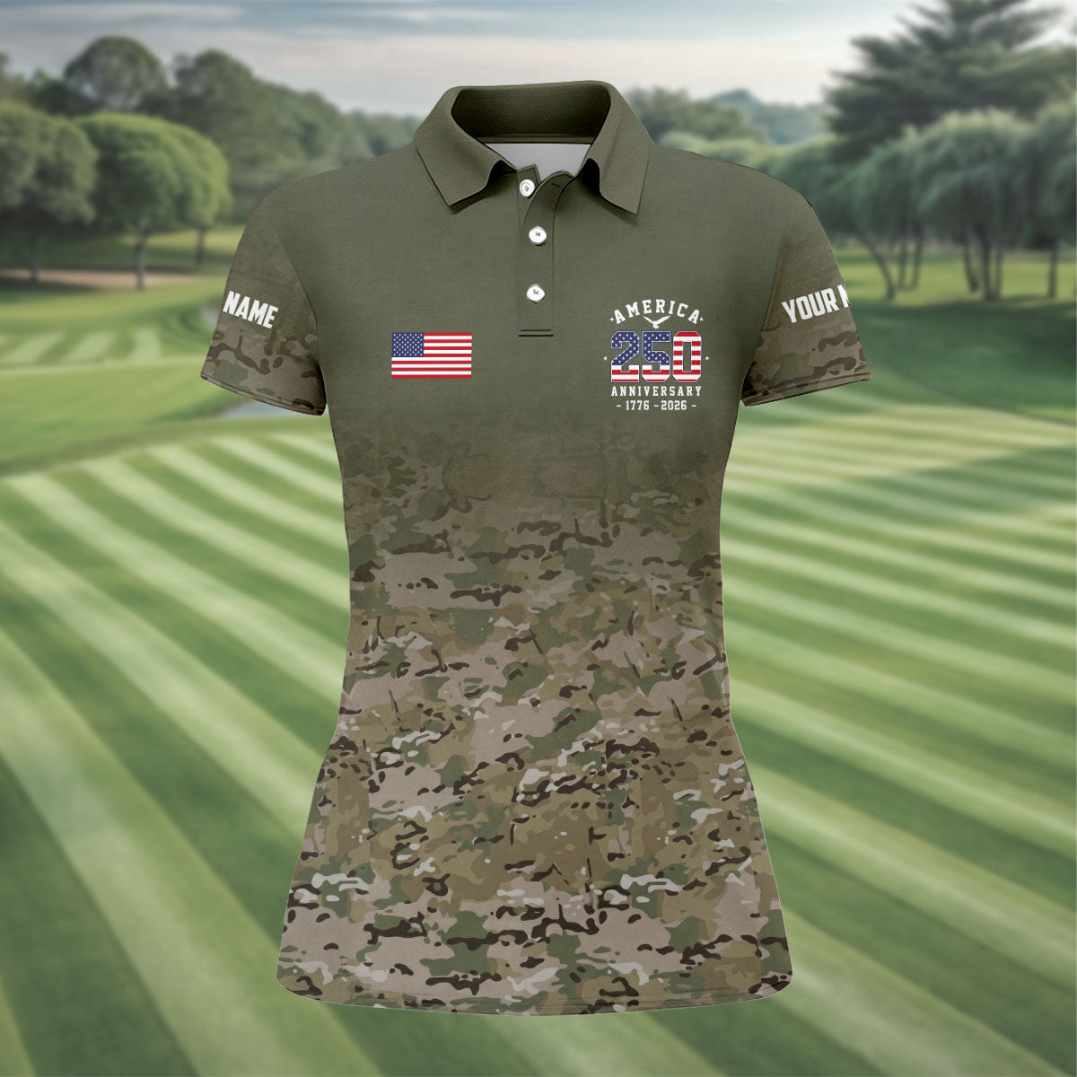 Custom America 250 Military Camo Golf Polo Shirt, Ladies Golf Shirts, Women's Golf Polo