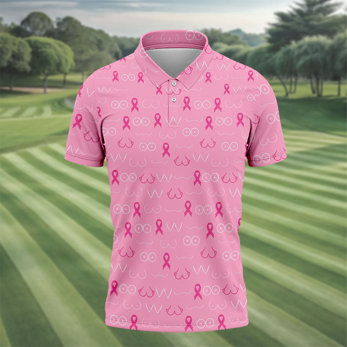 Pink Breast Line Art Breast Cancer Polo Shirt, Men's Golf Shirt, Mens Golf Apparel