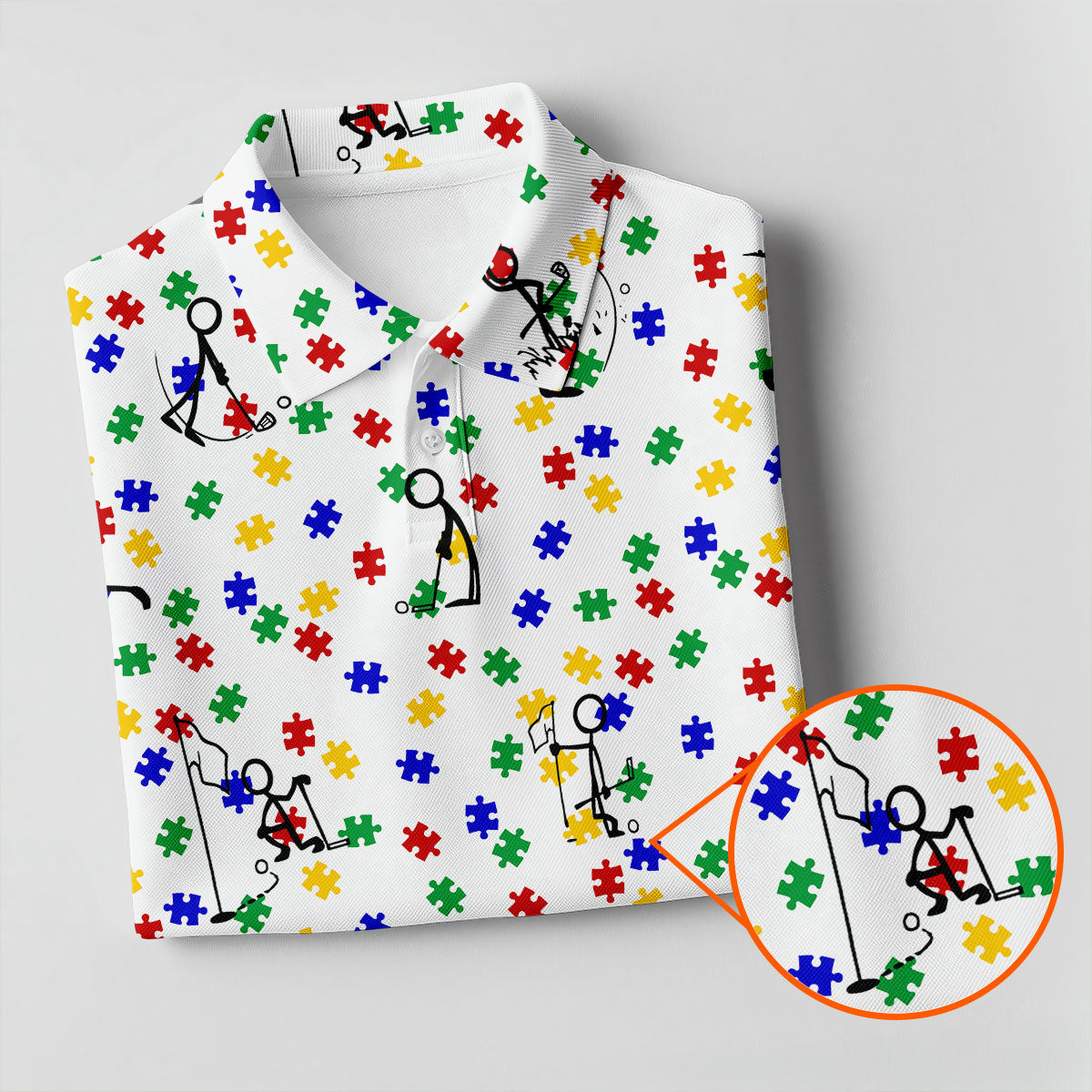 Funny Stick Figure Autism Puzzle Polo Shirts For Men, Autism Awareness Golf Shirt, Golfing Apparel