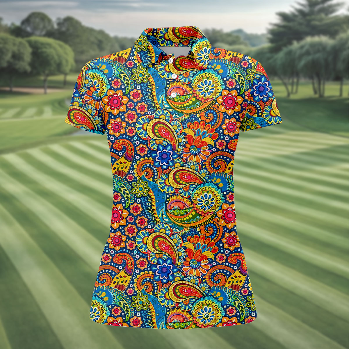 Colorful Floral Paisley Pattern Polo Shirt, Golf Tops For Women, Hawaiian Golf Shirt, Women’s Golf Apparel