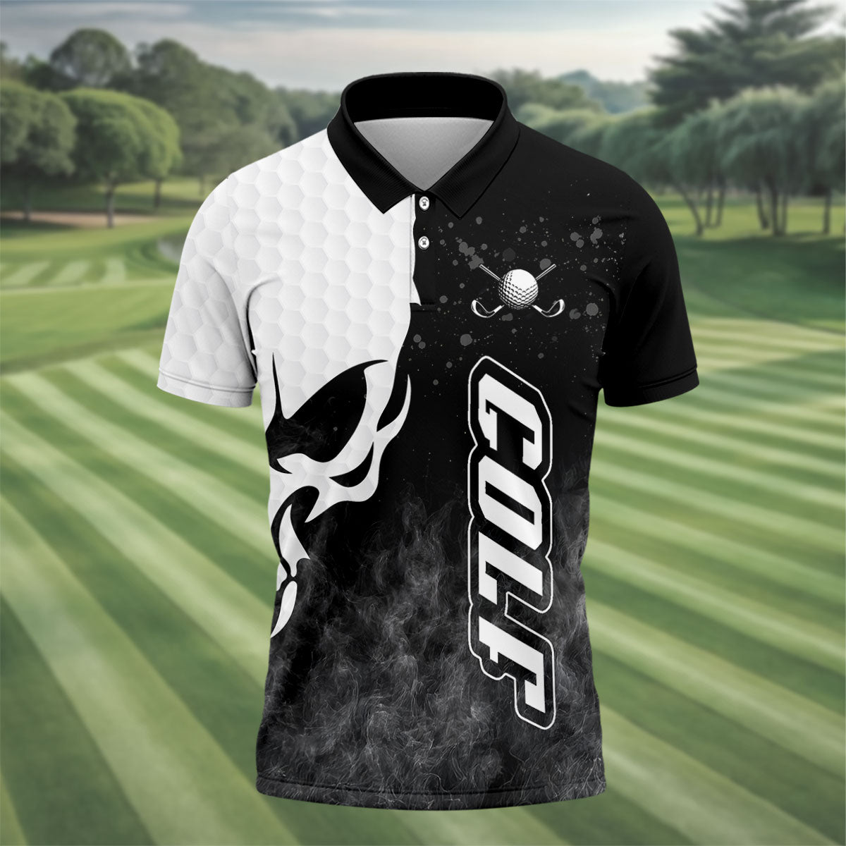 Monochrome Skull Golf Ball Graphic Golf Shirt, Mens Golf Polo, Printed Golf Shirts
