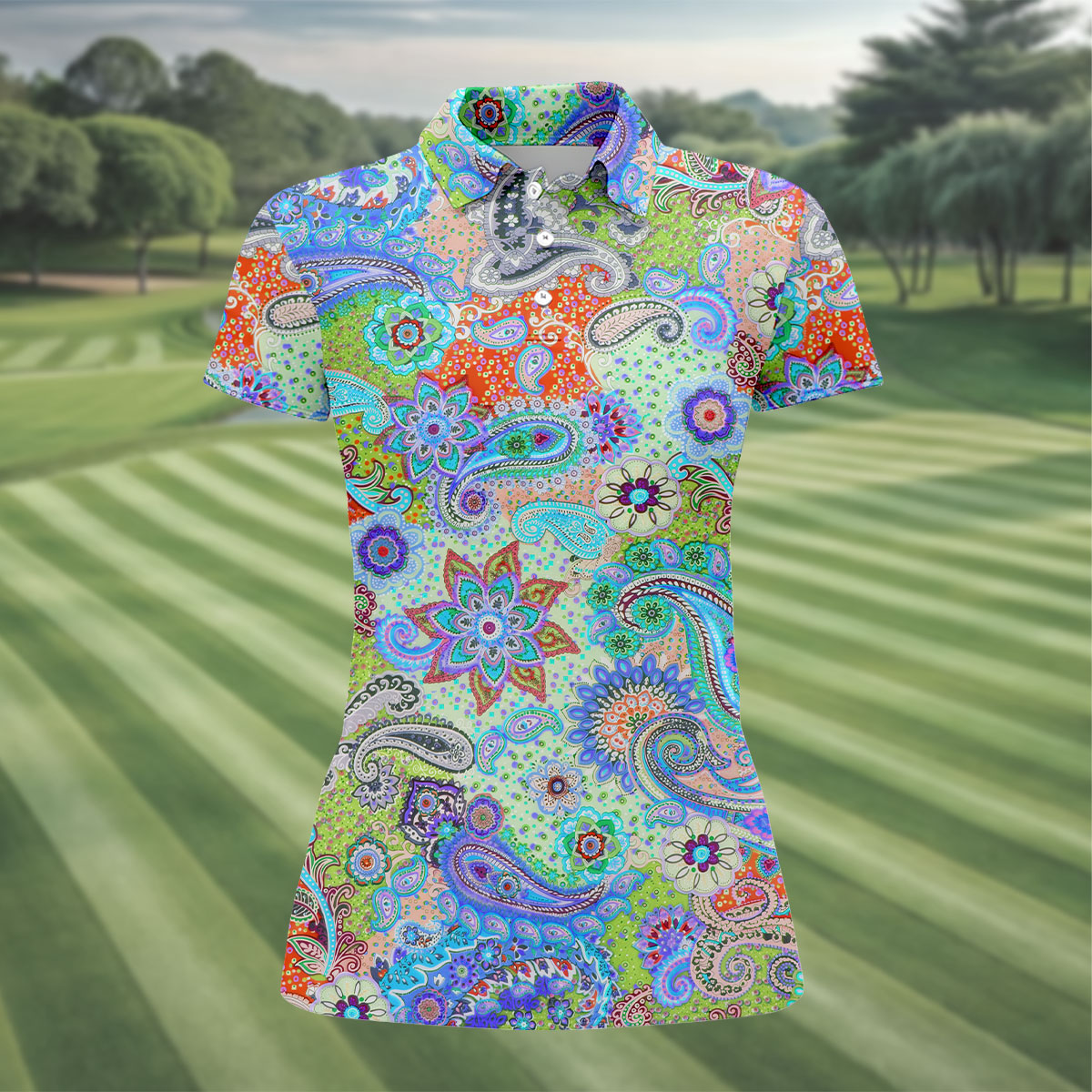 Colorful Boho Paisley Floral Pattern Golf Polo, Women's Golf Tops, Printed Golf Shirt