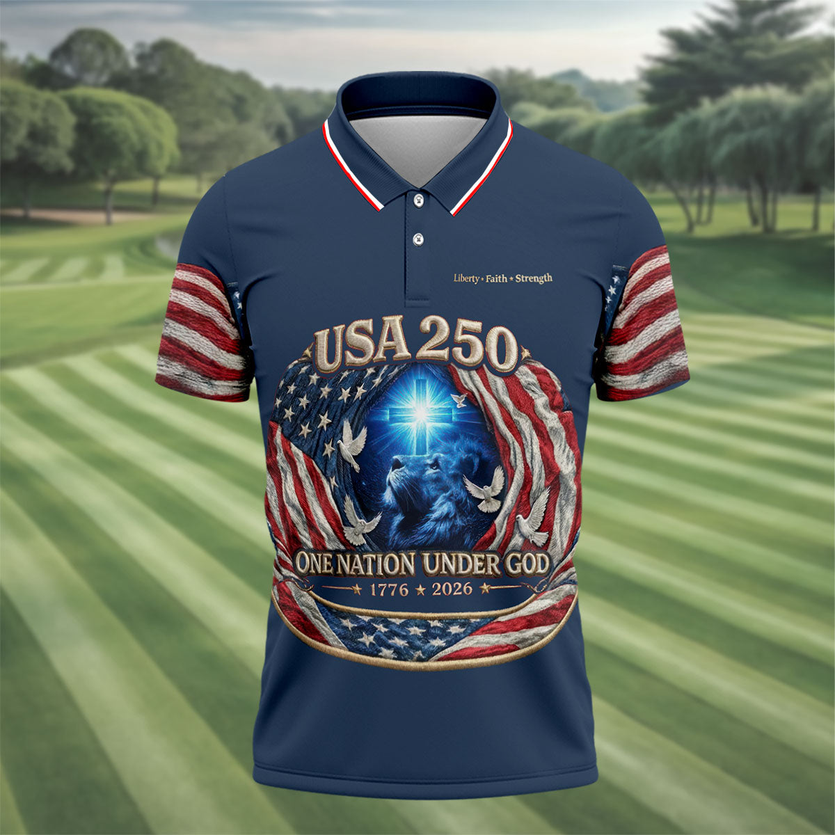 One Nation Under God Faith Cross USA 250 Navy Golf Shirt, 4th Of July Golf Shirts For Men