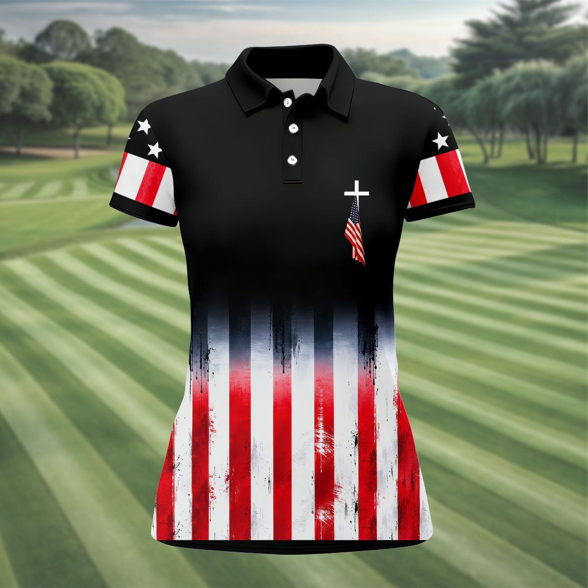 250 Years Of Blessing Faith Cross American Flag Golf Shirt, Patriotic 4th Of July Golf Shirt For Women