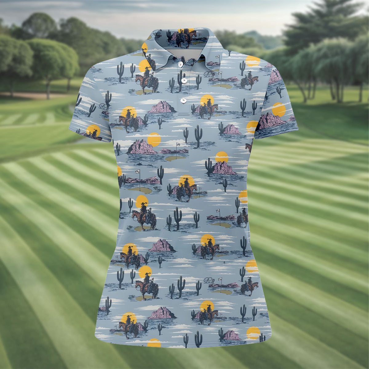 Cowboy Silhouette Desert Sunset Western Golf Shirt, Ladies Golf Shirts, Golf Shirt For Women