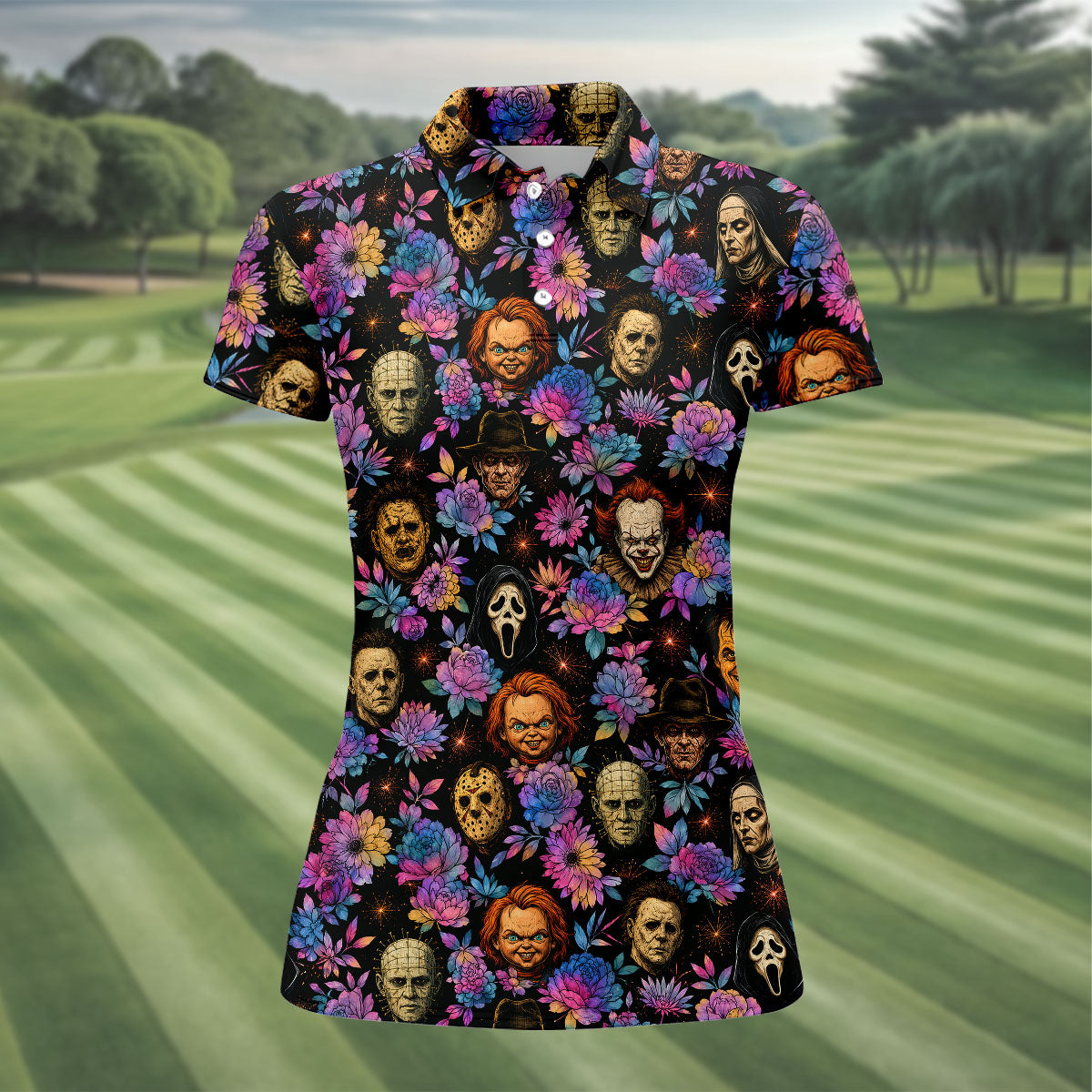 Floral Horror Character Halloween Golf Shirt, Golf Shirts For Women, Women's Golf Apparel