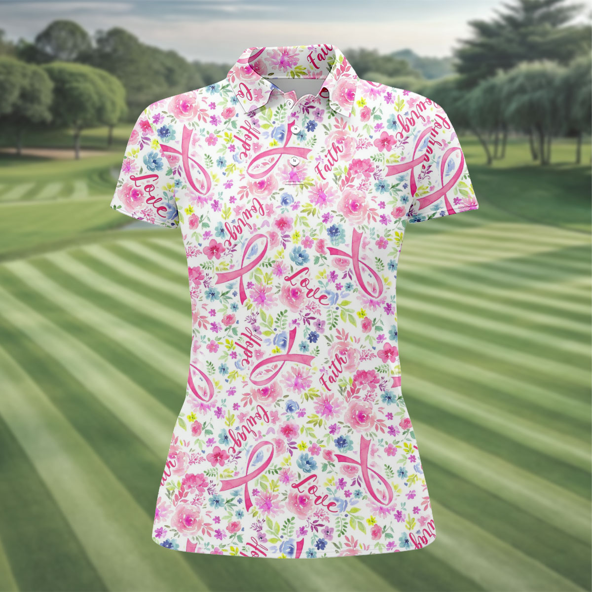 Faith Hope Love Floral Breast Cancer Polo Shirt, Golf Tops For Women, Printed Golf Shirt