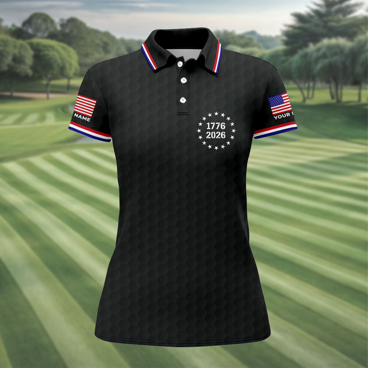 250 Years Quarter Millennnial Golf Ball Pattern Black Patriotic Golf Shirt, 4th Of July Golf Shirt For Women