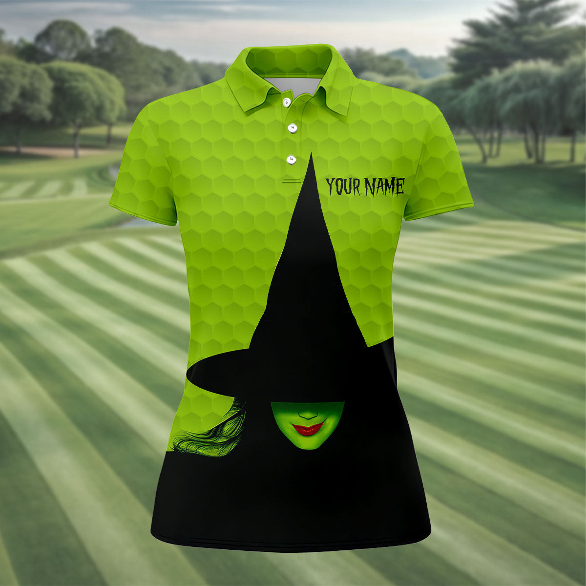 The Green Witch Golf Ball Pattern Fun Women's Golf Shirts, Spooky Vibe Ladies Golf Polos, Halloween Golf Shirt