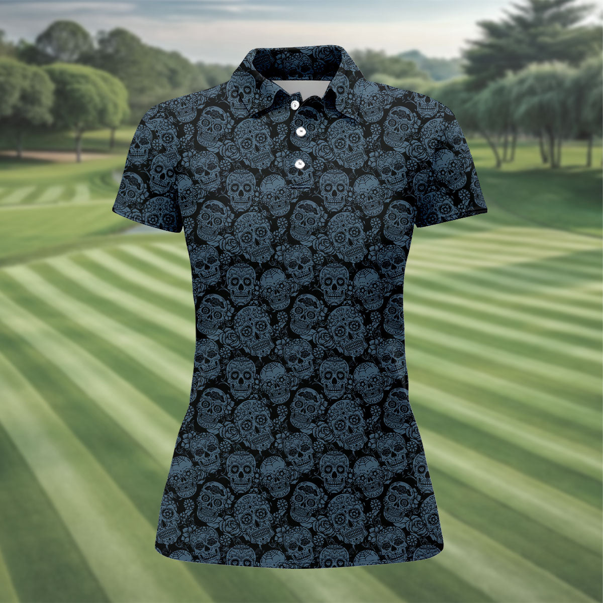 Gothic Sugar Skull Pattern Golf Polo Shirt, Golf Shirts For Women, Women’s Golf Polo