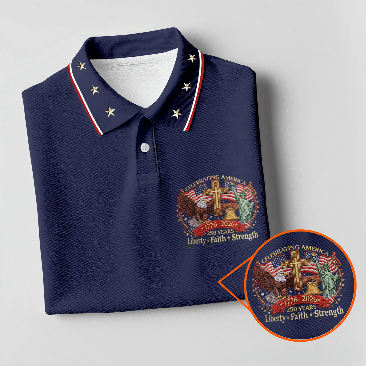 Liberty Faith Strength Faith Cross USA 250 Navy Golf Shirt, 4th Of July Golf Shirt For Women