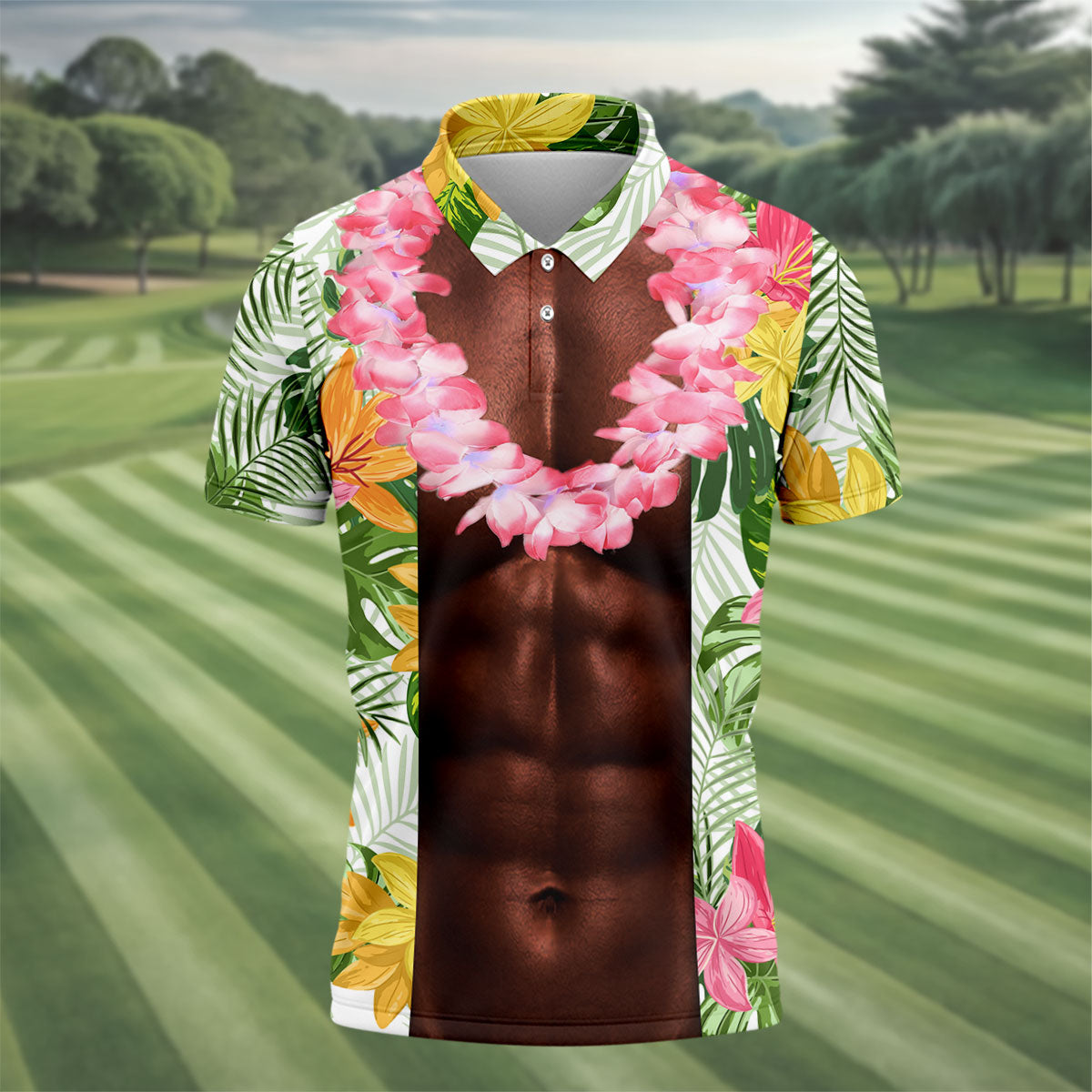 Dark Skin Tropical Muscle Chest Hawaiian Golf Polo Shirt, Polo Shirts For Men, Mens Golf Apparel