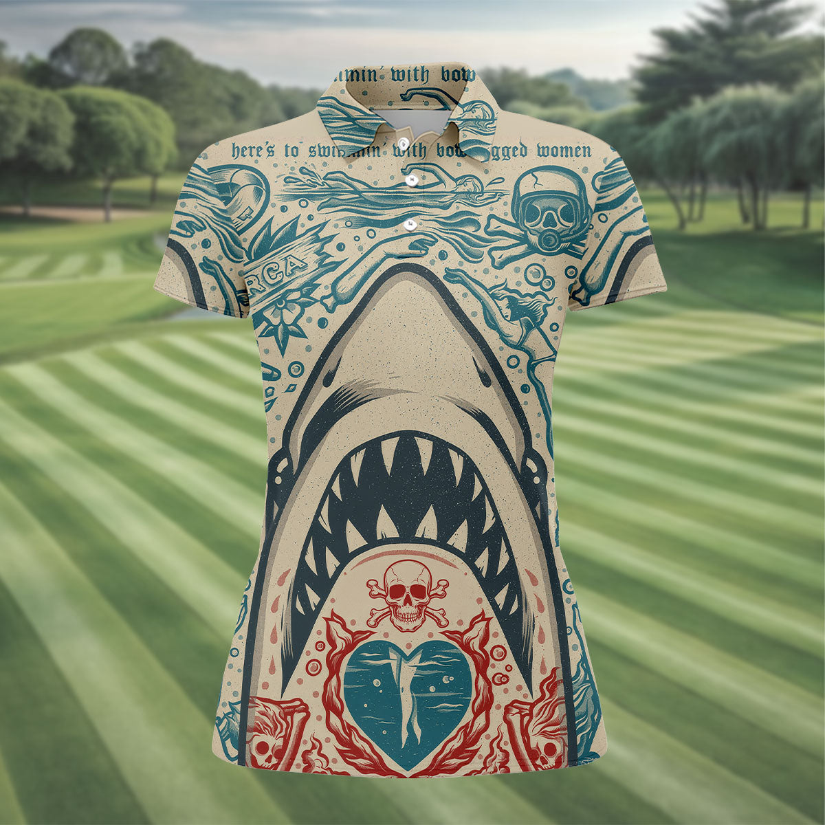 Vintage Shark Jaw Tattoo Art Golf Polo Shirt, Golf Shirts For Women, Women's Golf Apparel