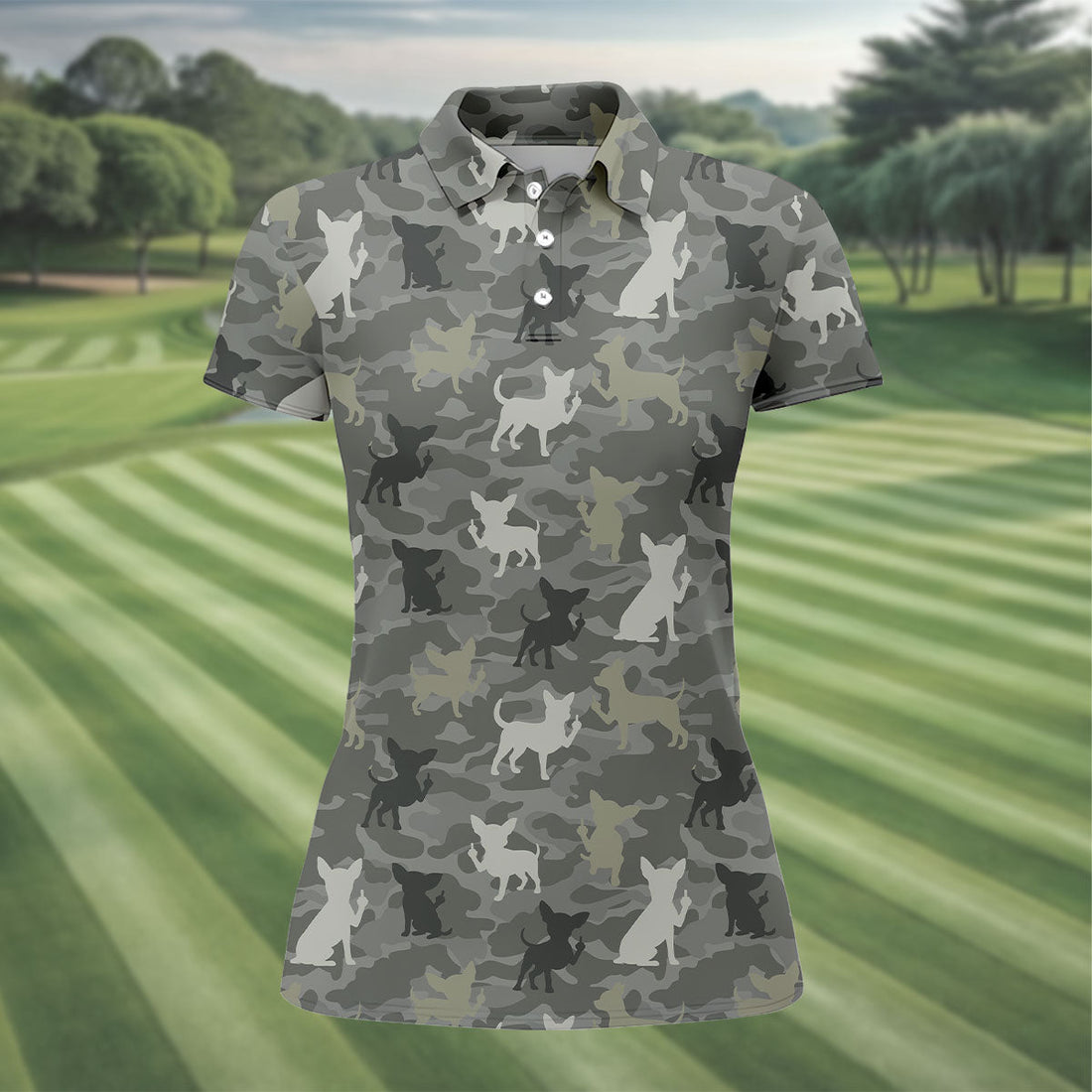 Grey Camo Chihuahua Dog Pattern Golf Polo Shirt, Women's Golf Shirt, Ladies Polo Shirt, Womens Golf Top