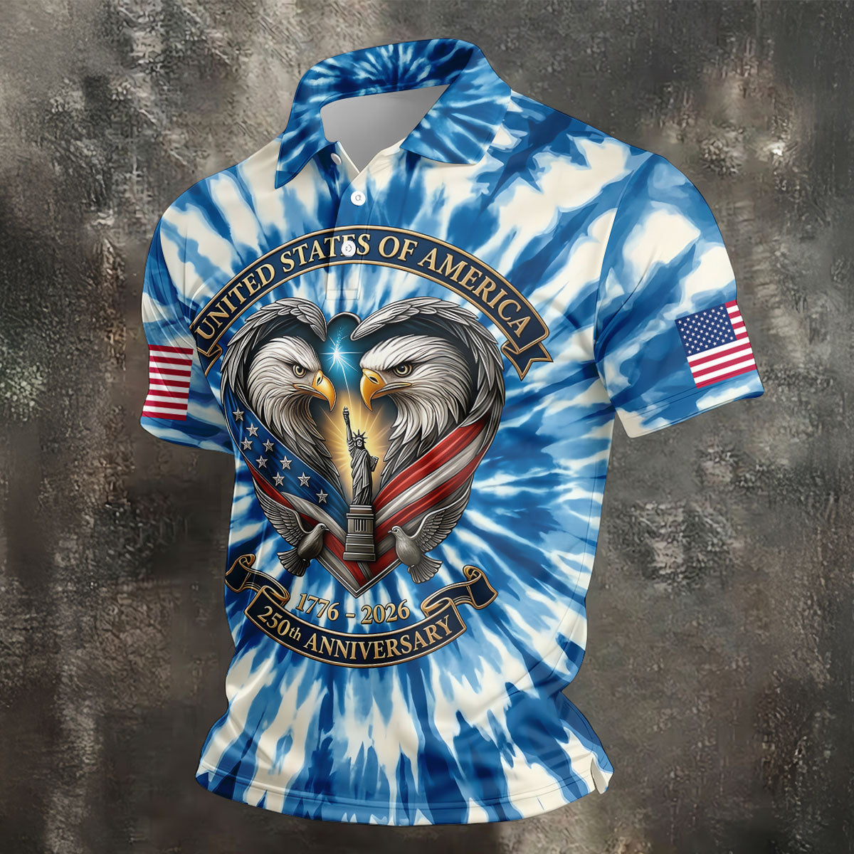 USA 250th Anniversary Tie Dye Print Bald Eagle Golf Shirt, Patriotic 4th Of July Golf Shirts For Men