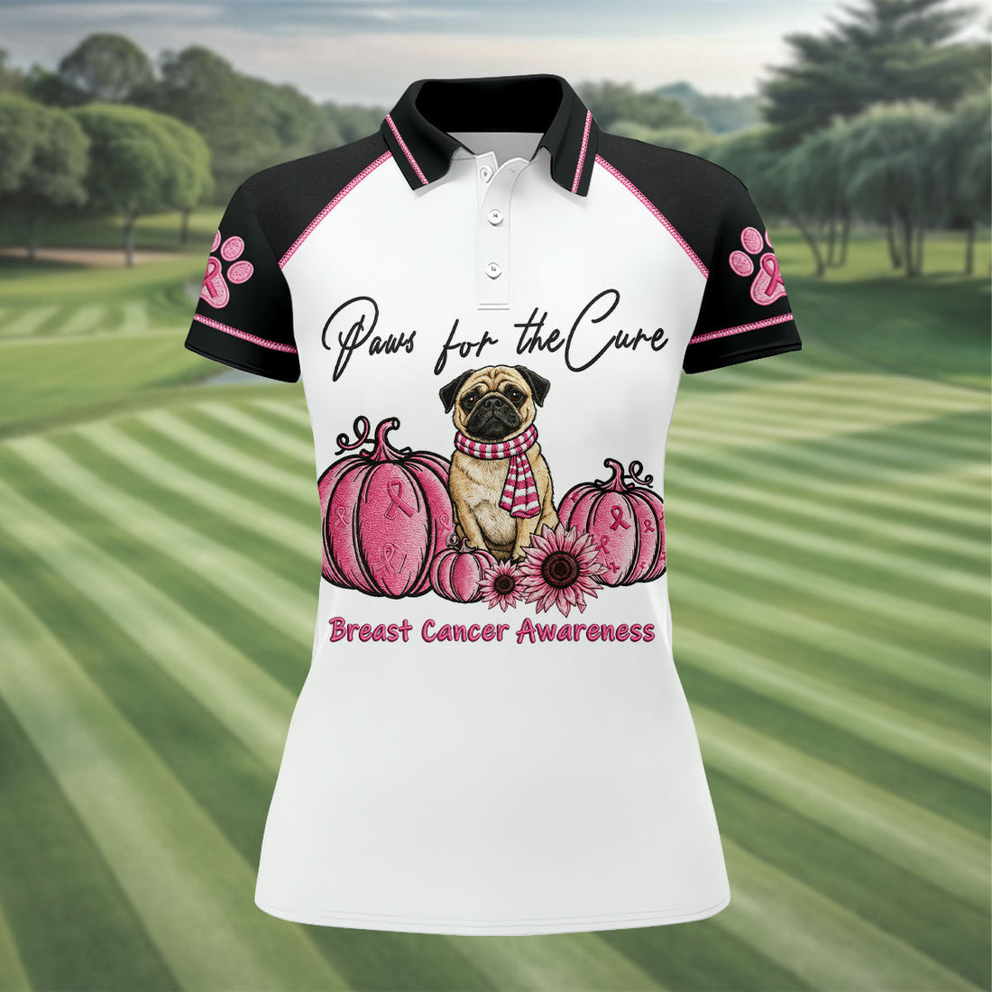 Paws For The Cure Pug Breast Cancer Polo Shirt, Ladies Golf Shirt, Women's Golf Tops