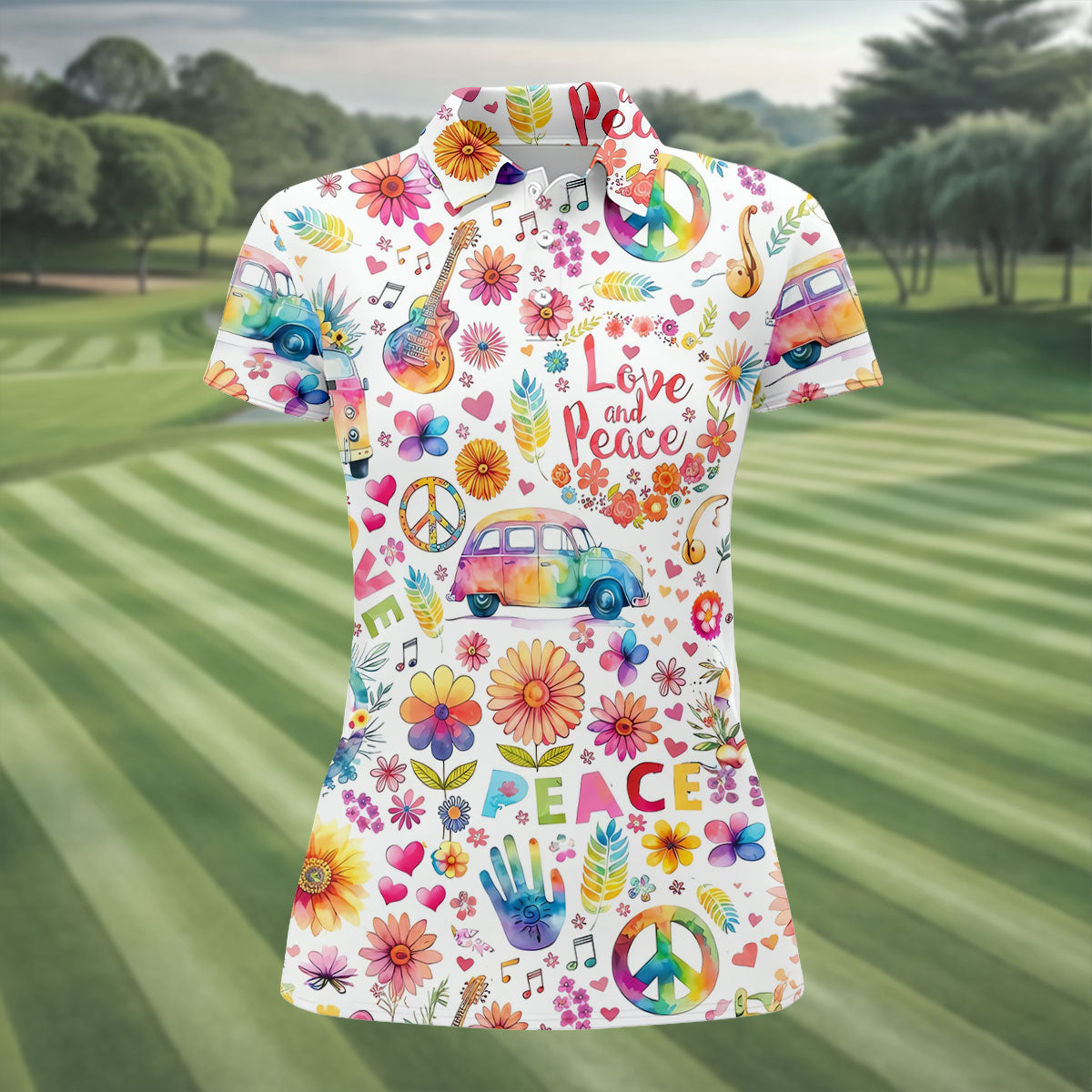 Retro Love Peace Van Floral Hawaiian Golf Shirt, Women’s Golf Tops, Performance Golf Shirt