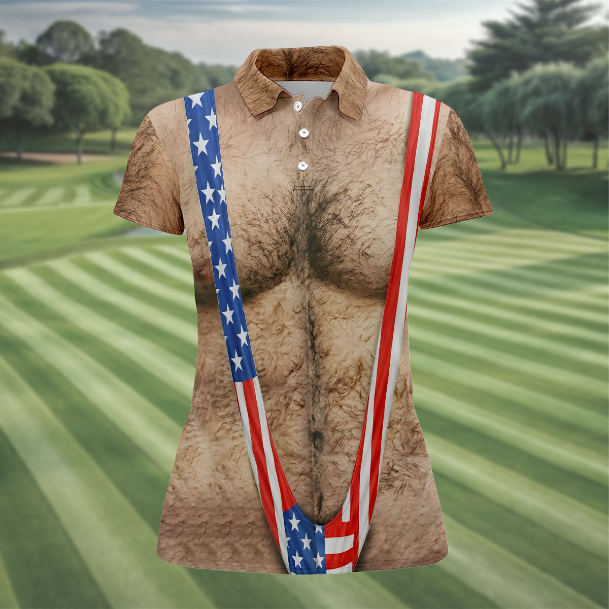 Hairy Body Funny Print Patriotic Golf Shirt, 250th Anniversary 4th Of July Golf Shirt For Women