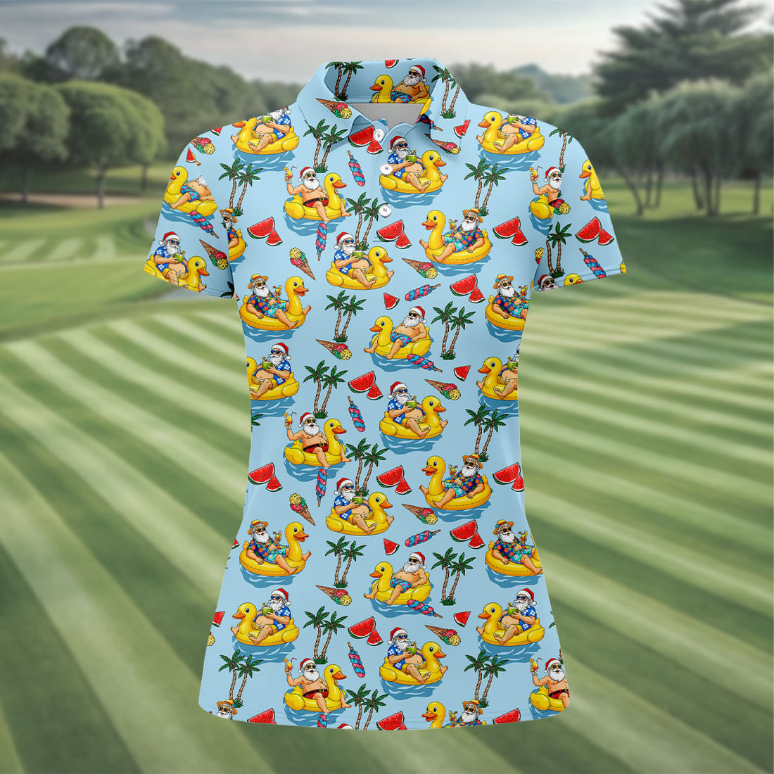 Women's Santa Duck Pool Float Hawaiian Golf Shirt, Christmas Golf Shirt, Women’s Golf Polo