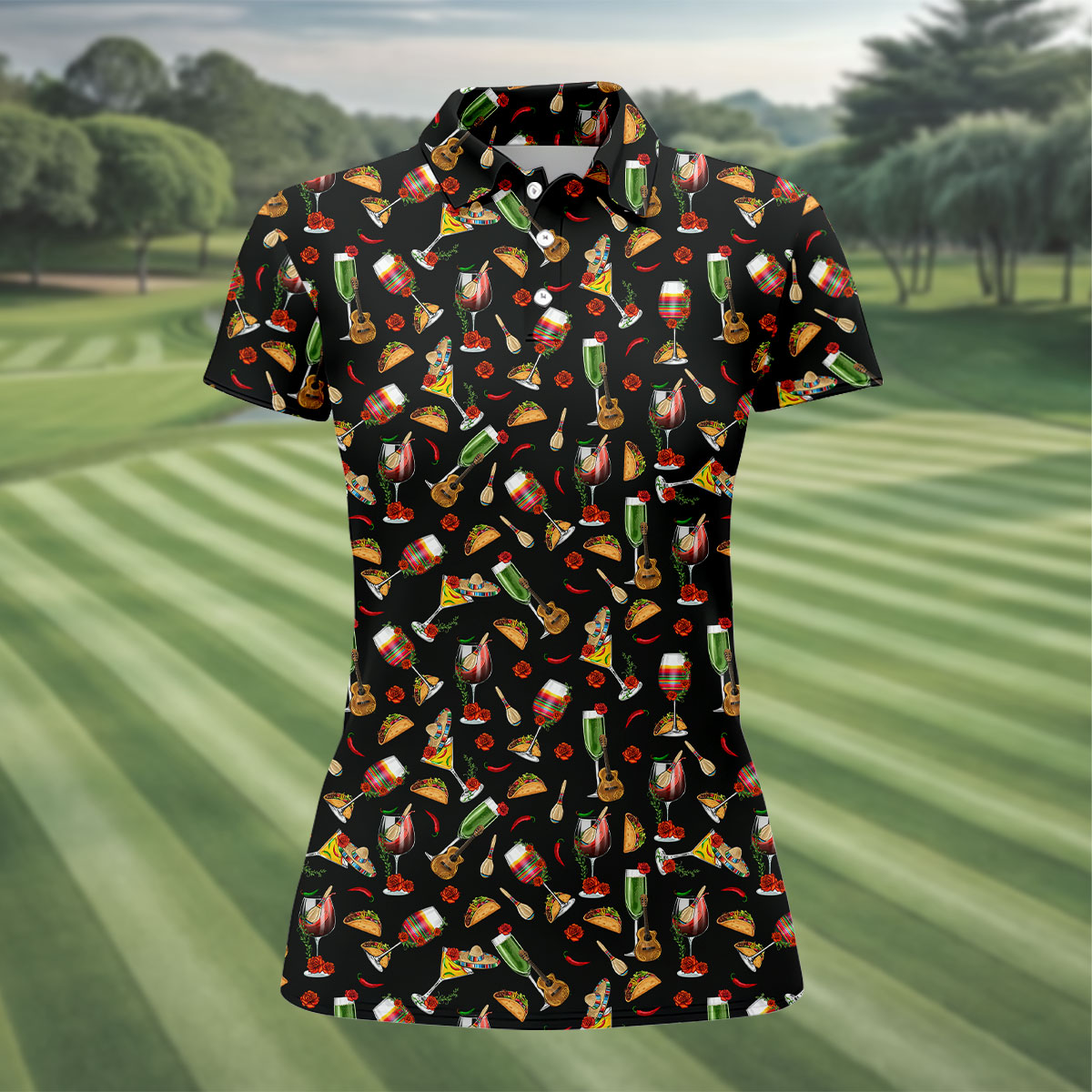 Traditional Mexican Taco And Wine Ladies Golf Tops, Cinco De Mayo Celebration Golf Shirt For Women