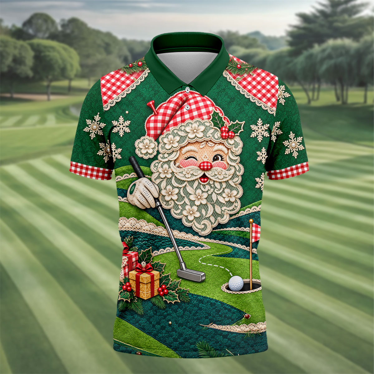 Christmas Winking Santa Golf Polo Shirt, Christmas Golf Shirt, Mens Golf Apparel