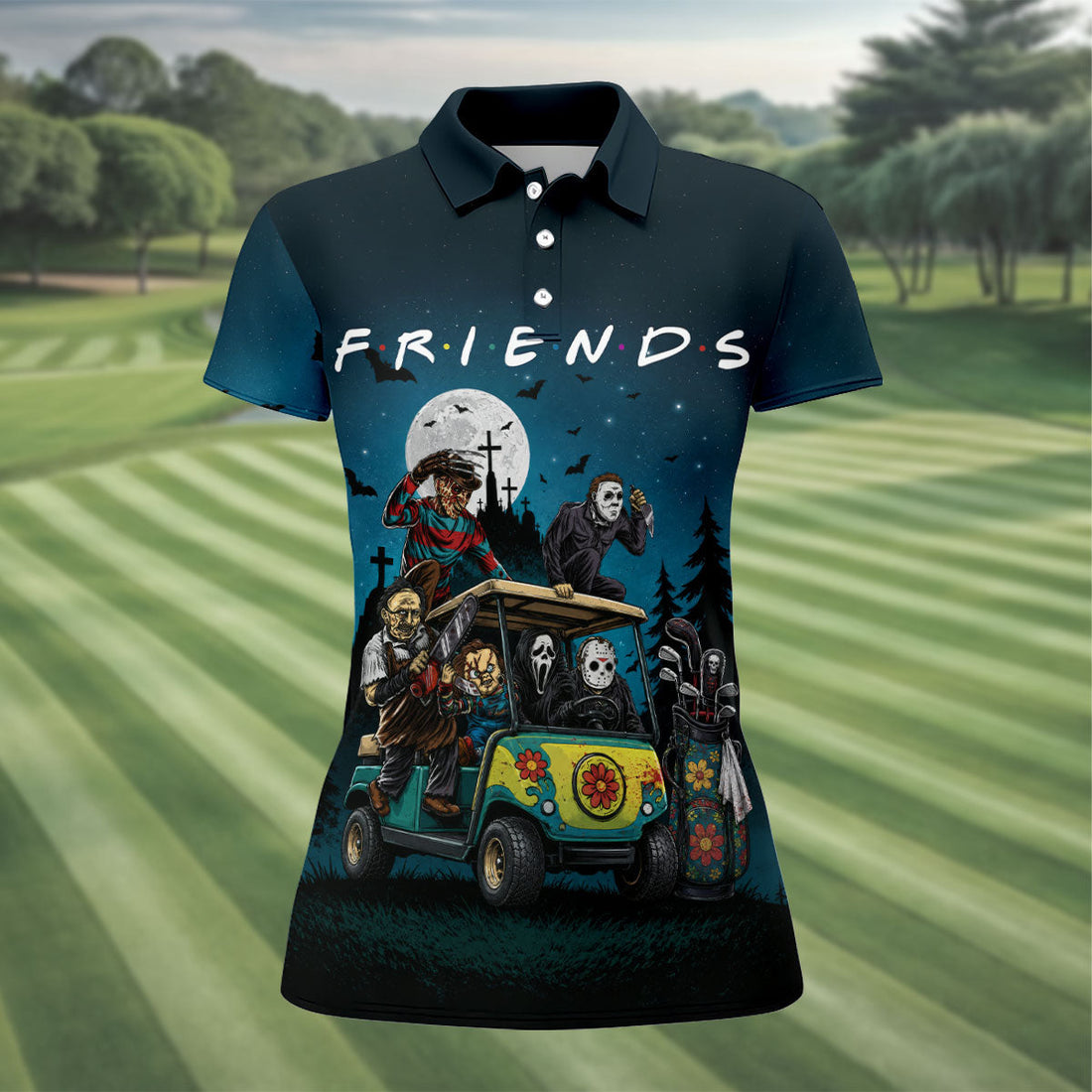 Horror Character Golf Cart Polo Shirt, Halloween Golf Shirt, Womens Halloween Golf Shirt
