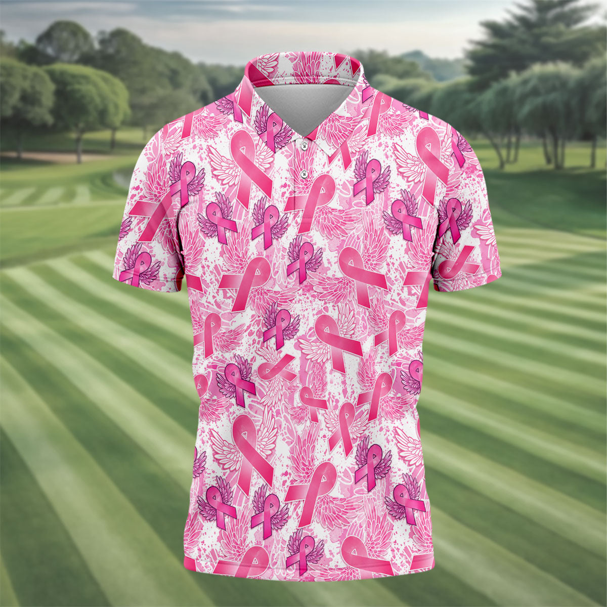 Breast Cancer Pink Ribbon Angel Wings Polo Shirt, Men's Golf Shirt, Golf Apparel For Men