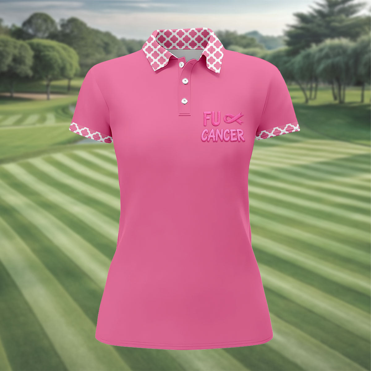 Pink F Cancer Skeleton Middle Finger Breast Cancer Polo Shirt, Ladies Golf Tops, Women’s Golf Polo