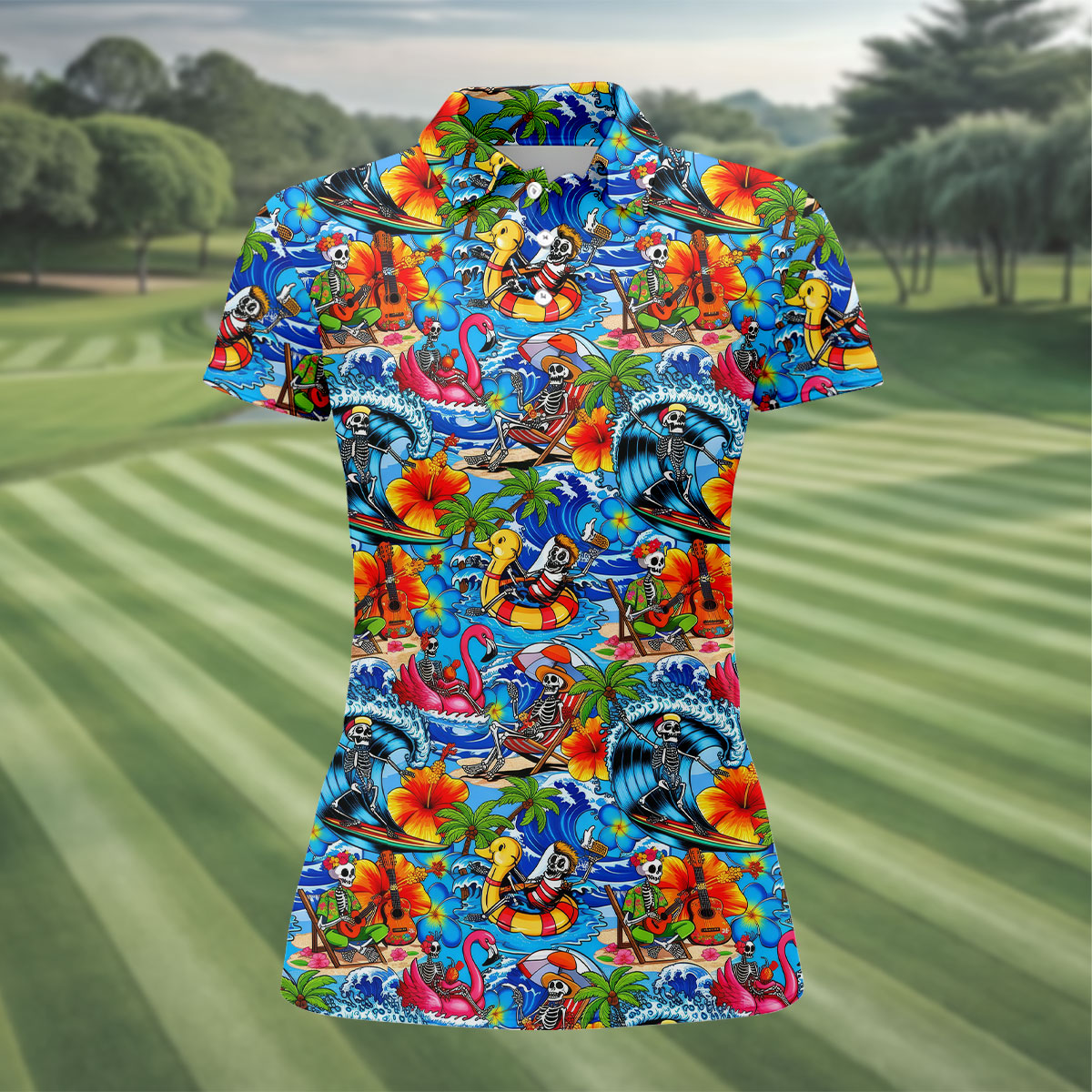 Blue Tropical Skeleton Surfer Pattern Golf Polo Shirt, Golf Shirts For Women, Women's Golf Polo