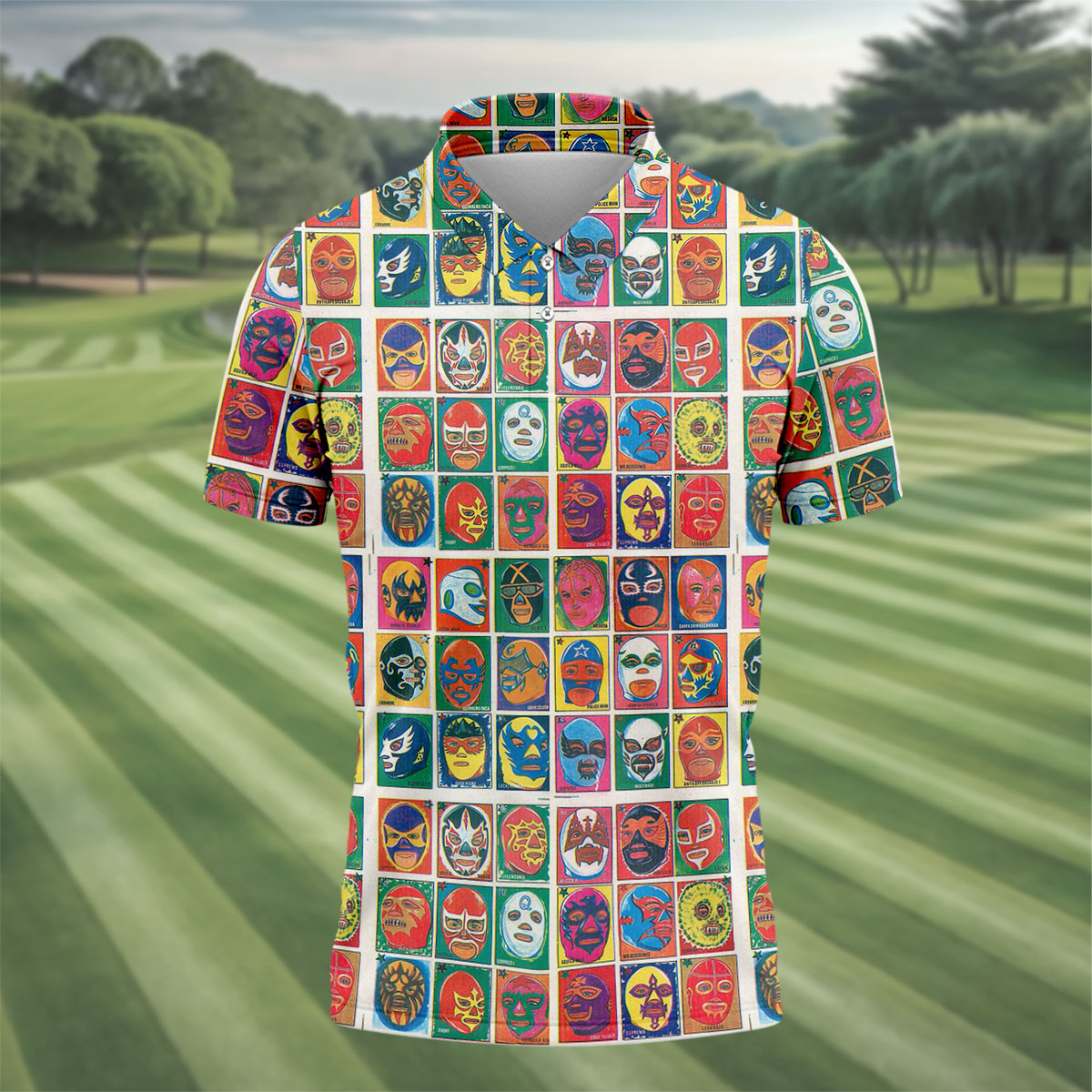 Lucha Libre Mask Grid Pattern Golf Tops For Men, Cinco De Mayo Celebration Golf Shirts For Men