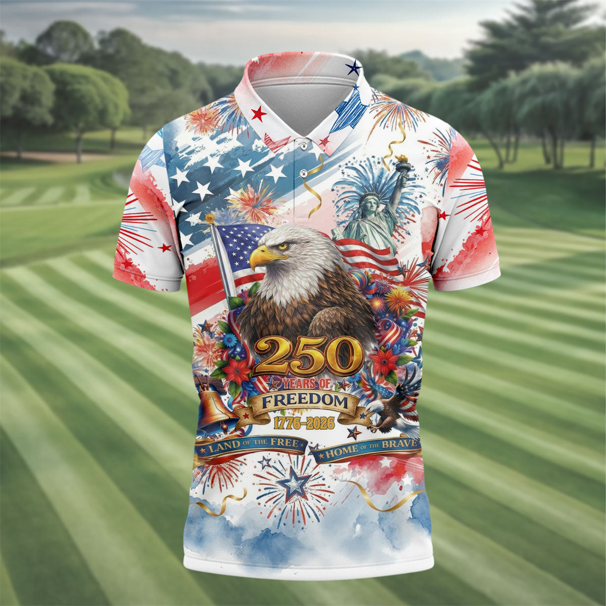 Land Of The Free Red White Blue Water Color Print 4th Of July Golf Shirt, 250 Years Golf Shirts For Men