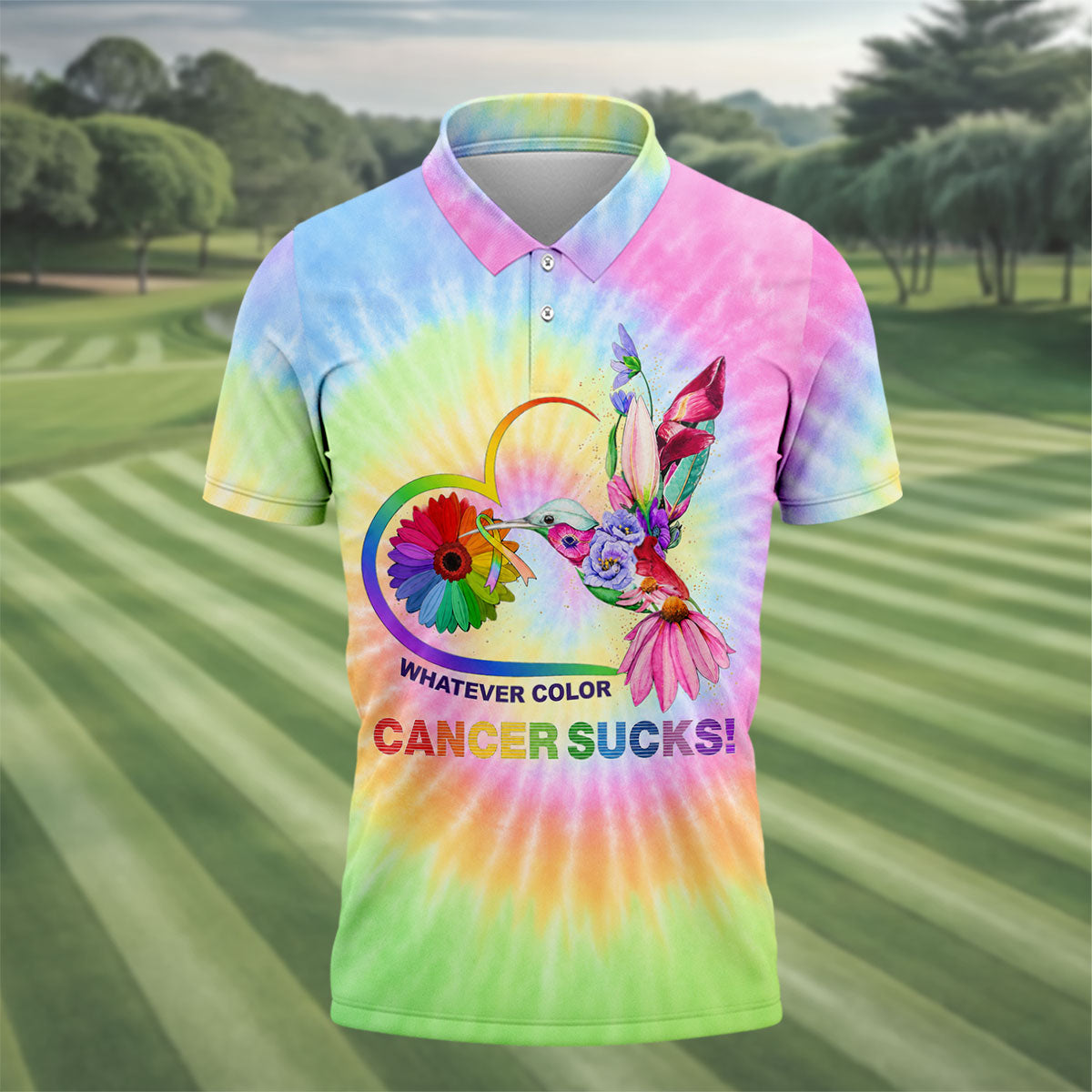 Whatever Color Cancer Sucks Hummingbird Polo Shirt, Mens Golf Polo, Printed Golf Shirts