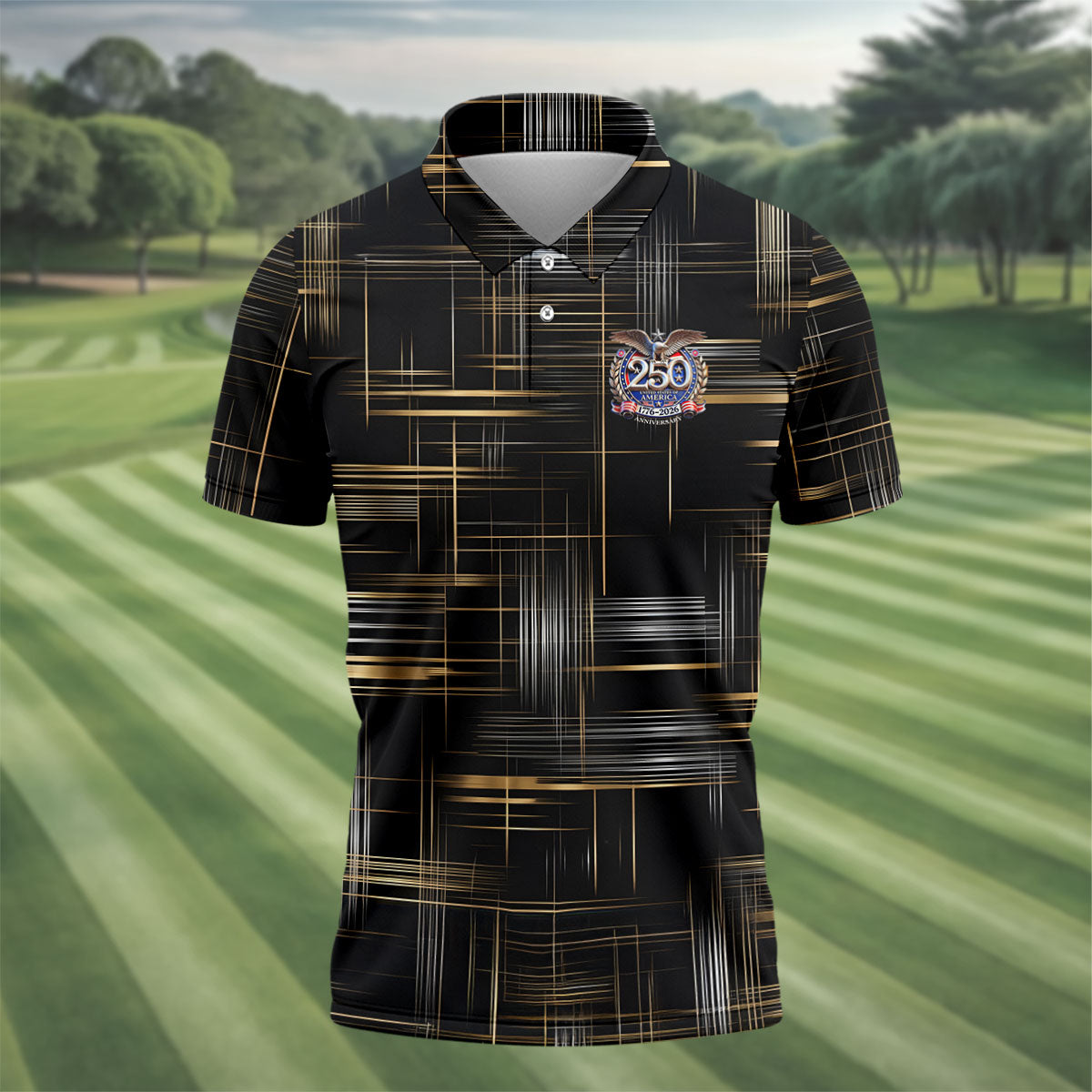 Gold And Silver Grid Pattern Patriotic 4th Of July Golf Shirt, 250 Years Golf Shirts For Men