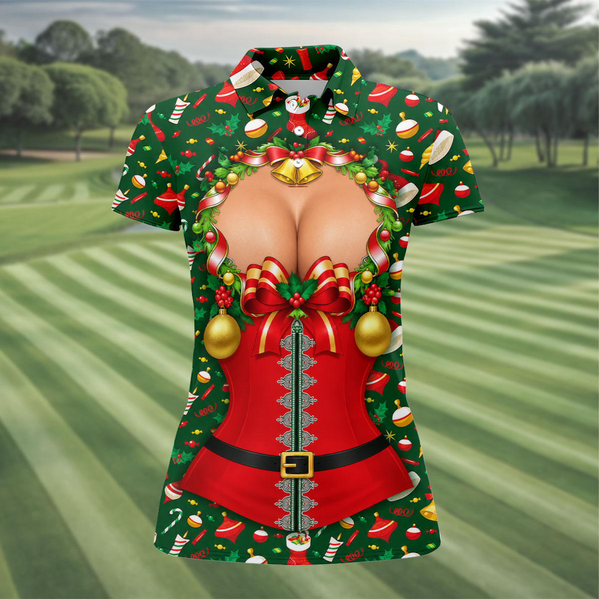 Festive Christmas Corset Bow Golf Polo Shirt, Christmas Golf Shirt, Women’s Golf Apparel