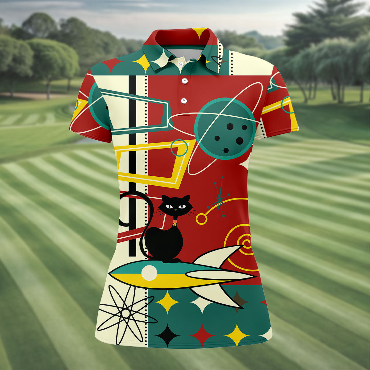 Geometric Abstraction Atomic Cat Hawaiian Golf Shirt, Retro Golf Shirt, Women's Golf Tops