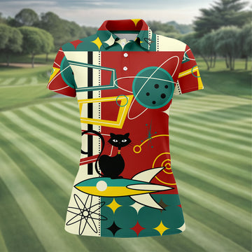 Geometric Abstraction Atomic Cat Hawaiian Golf Shirt, Retro Golf Shirt, Women's Golf Tops