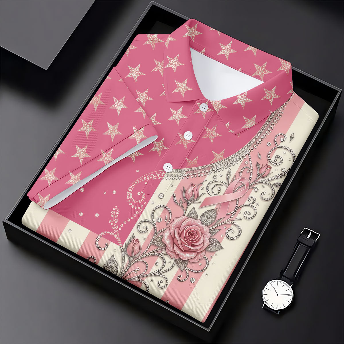 Pink Stars Stripes Rose Breast Cancer Polo Shirt, Women’s Golf Polo, Ladies Golf Shirts