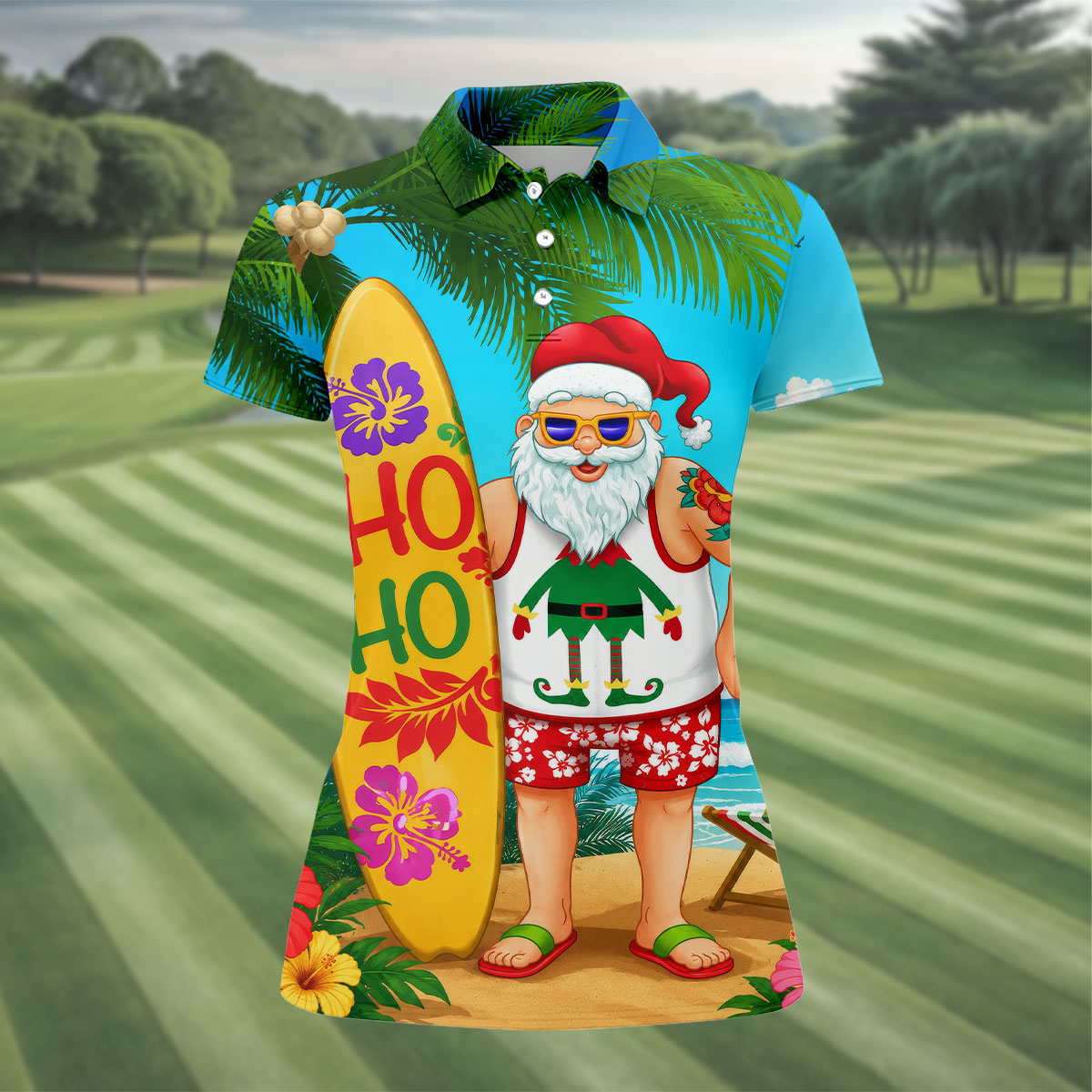 Surfboard Santa Tropical Christmas Golf Shirt, Women's Golf Tops, Hawaiian Golf Shirt
